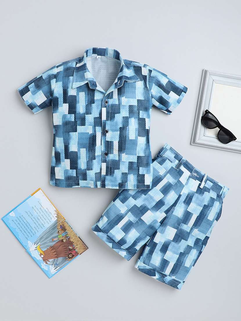 blue cotton blend shorts set coords