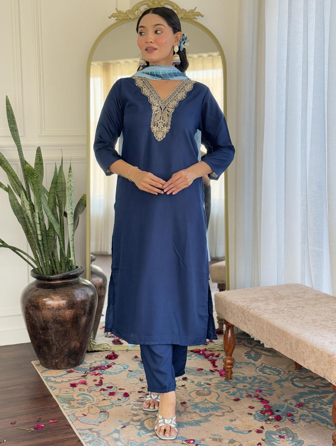 women three quarter sleeve kurta pant with dupatta set - 21987344 - Standard Image - 2