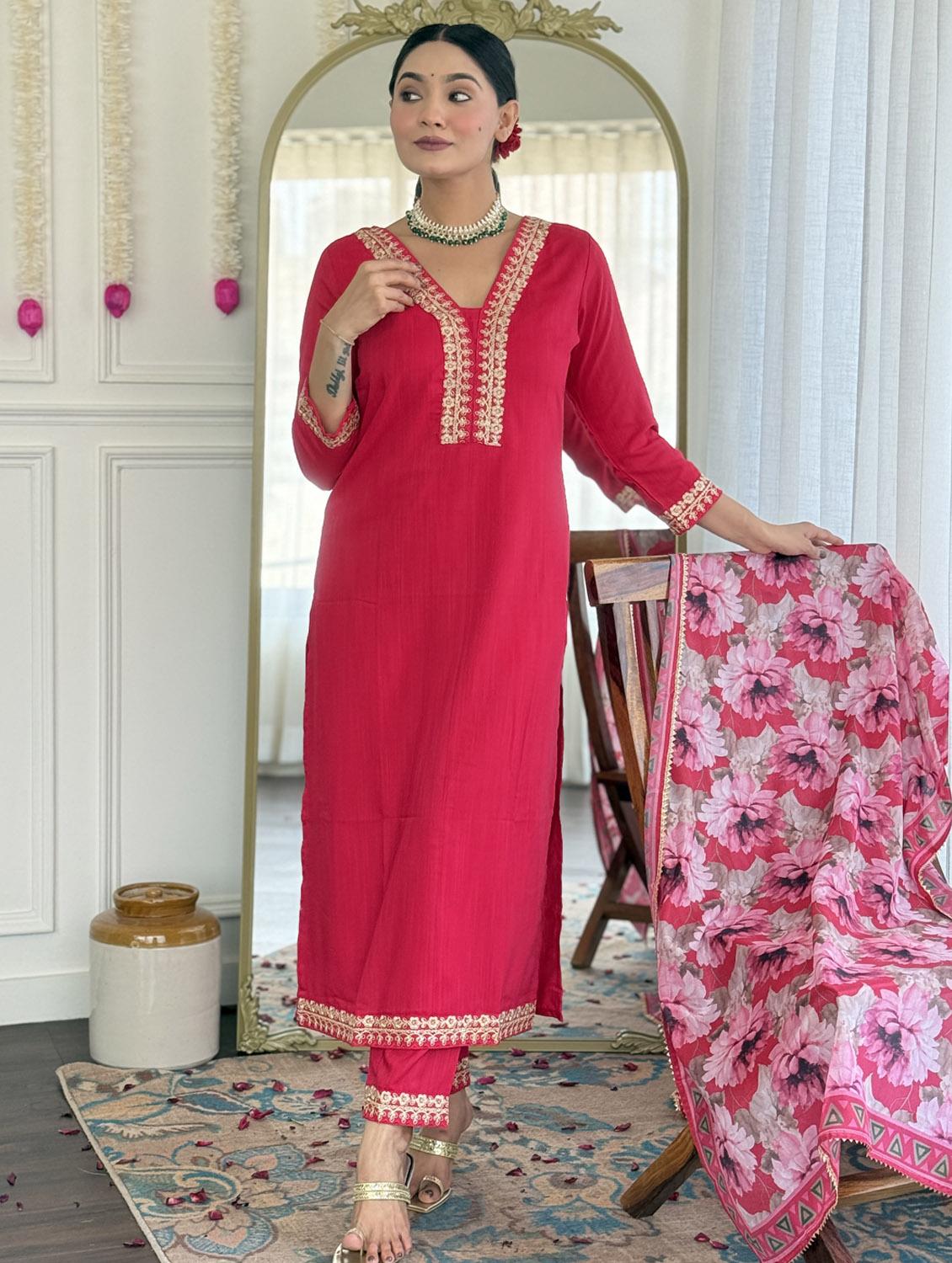 women three quarter sleeve kurta pant with dupatta set - 21987352 - Standard Image - 2