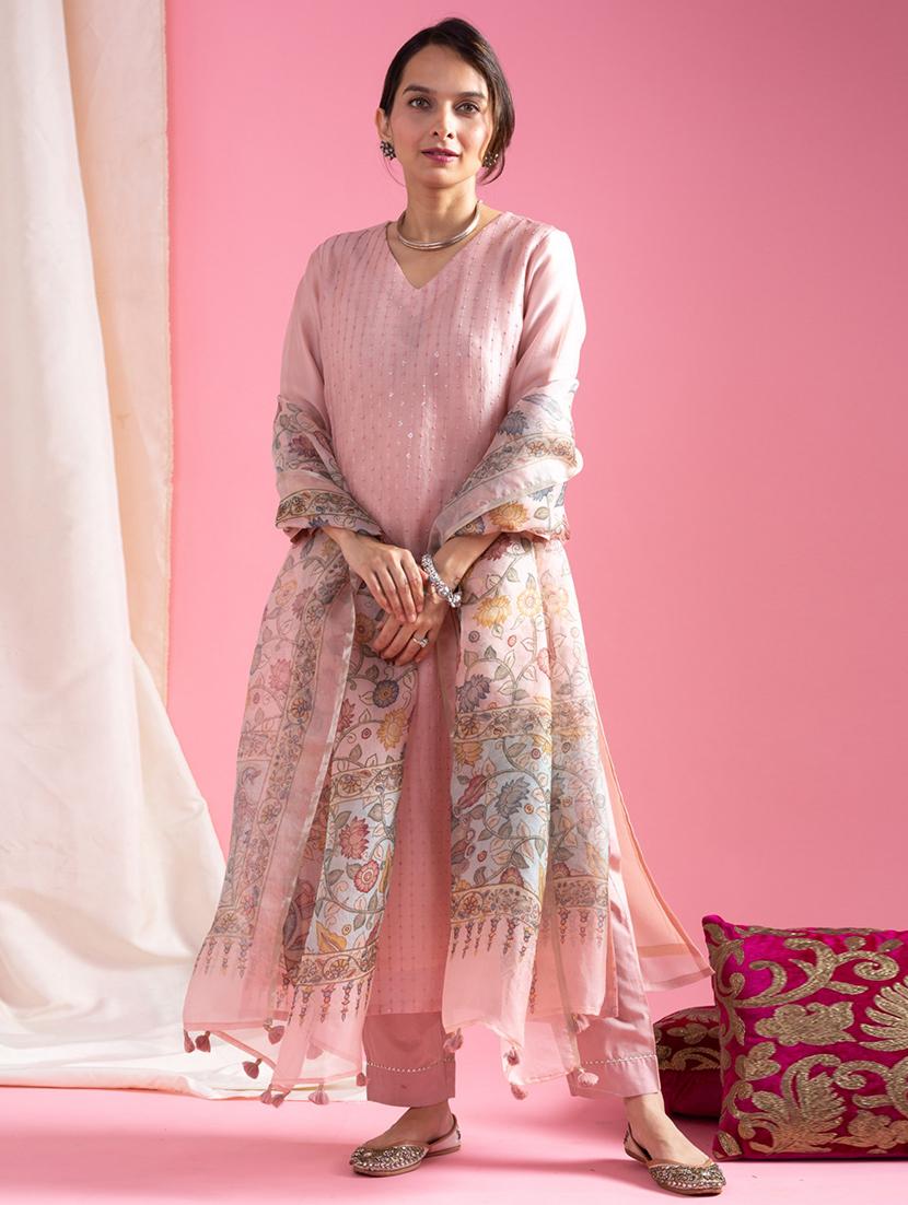 women three quarter sleeve kurta pant with dupatta set