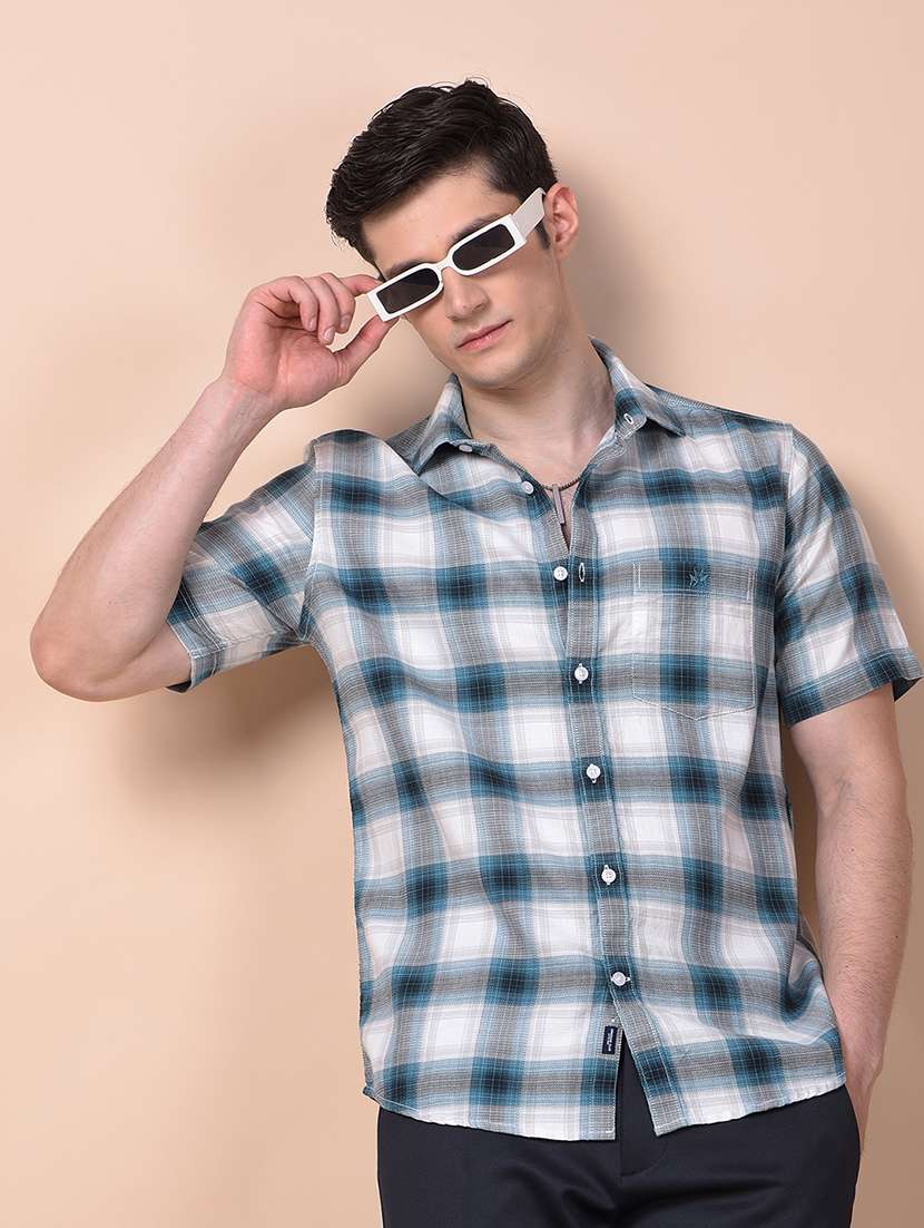men checkered short sleeve slim fit casual shirt