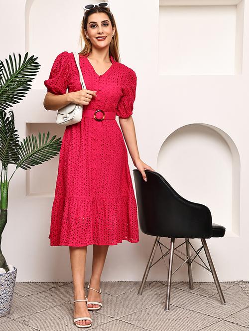 women pink puff sleeve schiffli tiered dress - 21987627 - Standard Image - 0