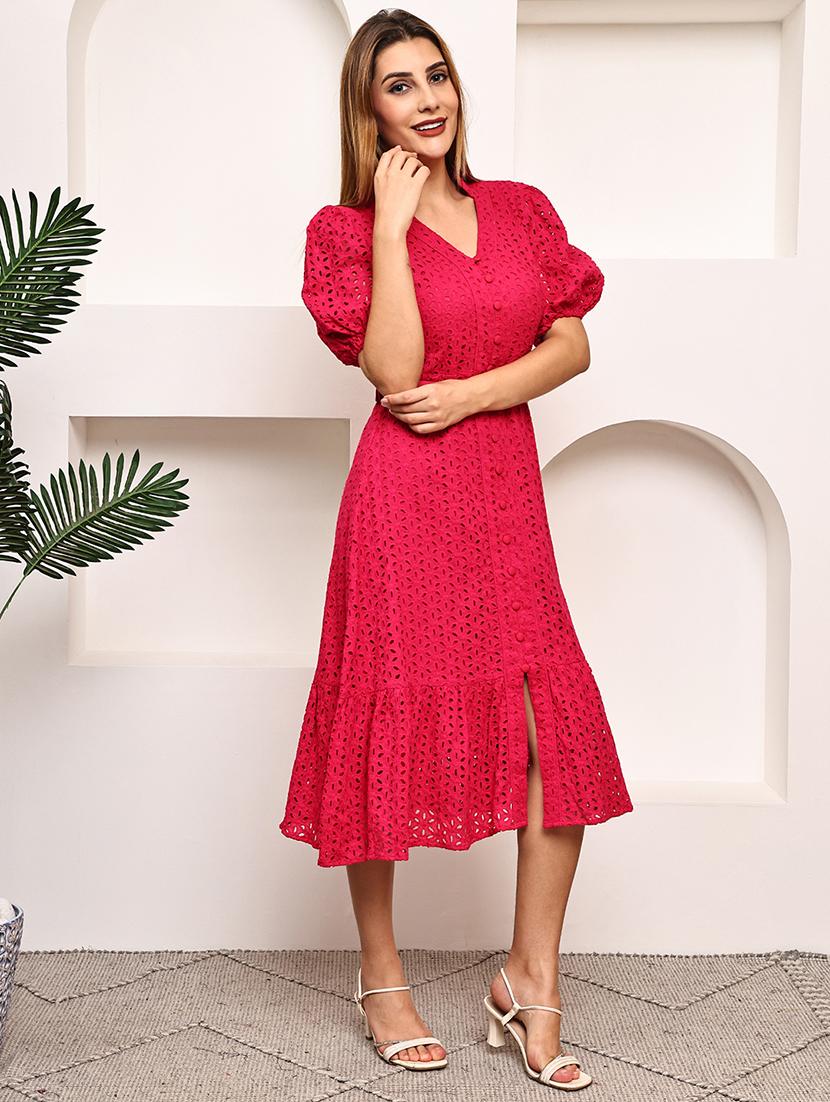 women pink puff sleeve schiffli tiered dress - 21987627 - Standard Image - 2