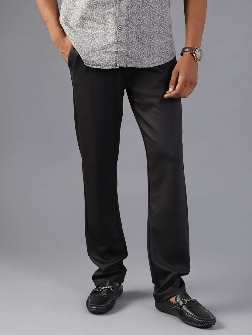 men solid mid rise flat front casual trouser