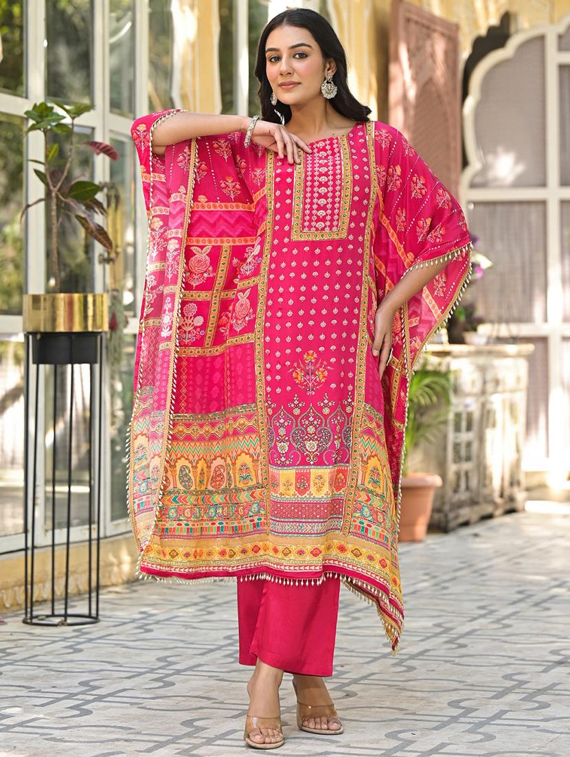 women printed kimono sleeve kaftan kurta pant set - 21988043 - Standard Image - 2