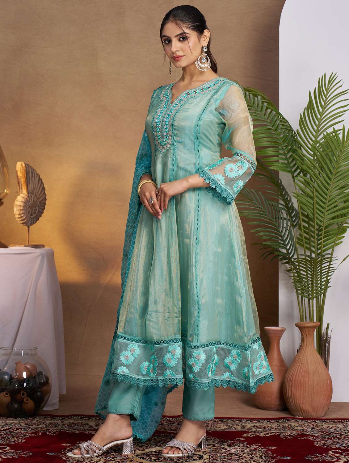 women three quarter sleeve anarkali kurta pant with dupatta set - 21988073 -  Standard Image - 2