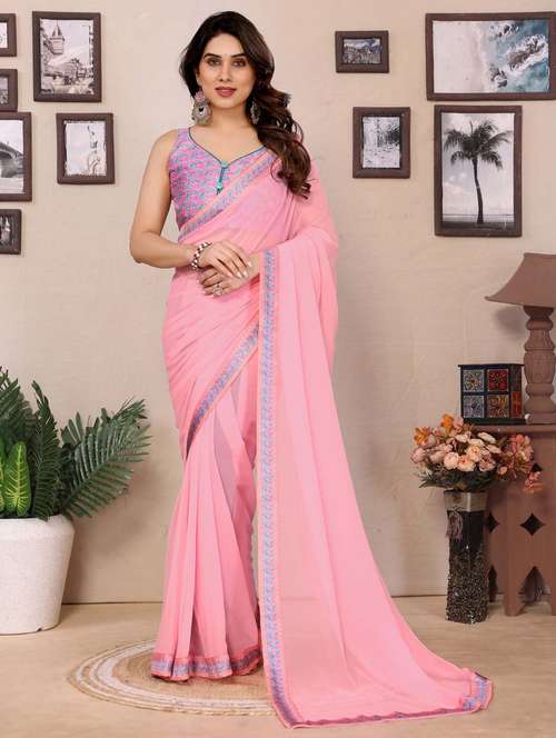 women solid with bordered saree with blouse - 21988133 -  Standard Image - 0