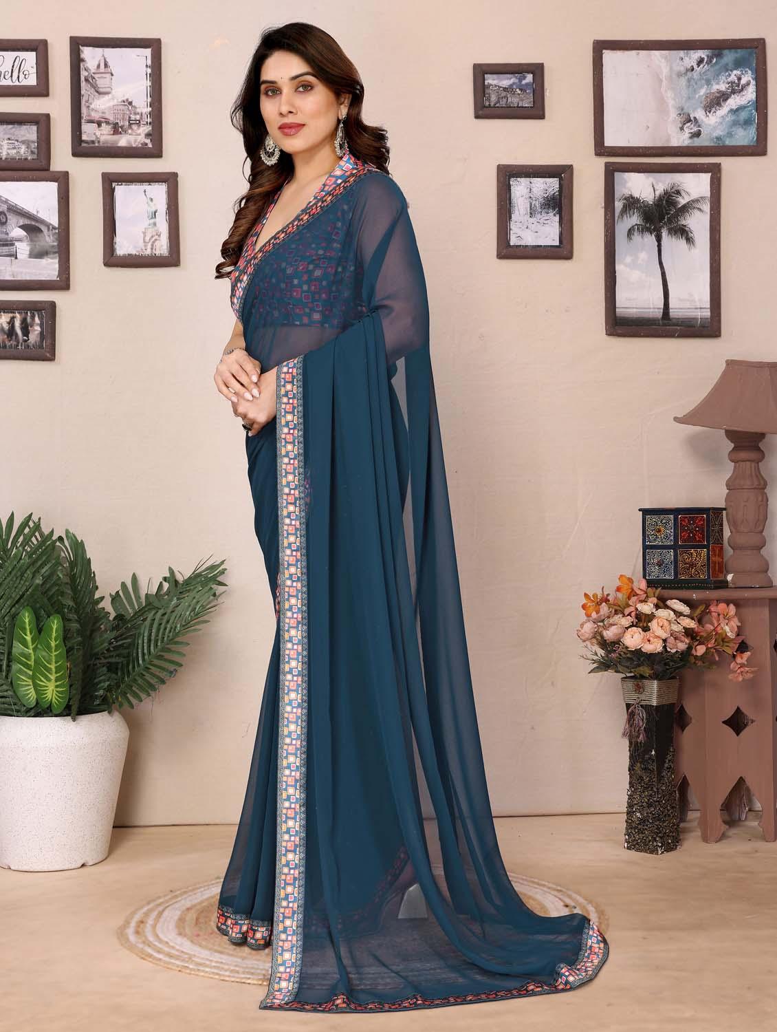 women solid with bordered saree with blouse - 21988138 - Standard Image - 2