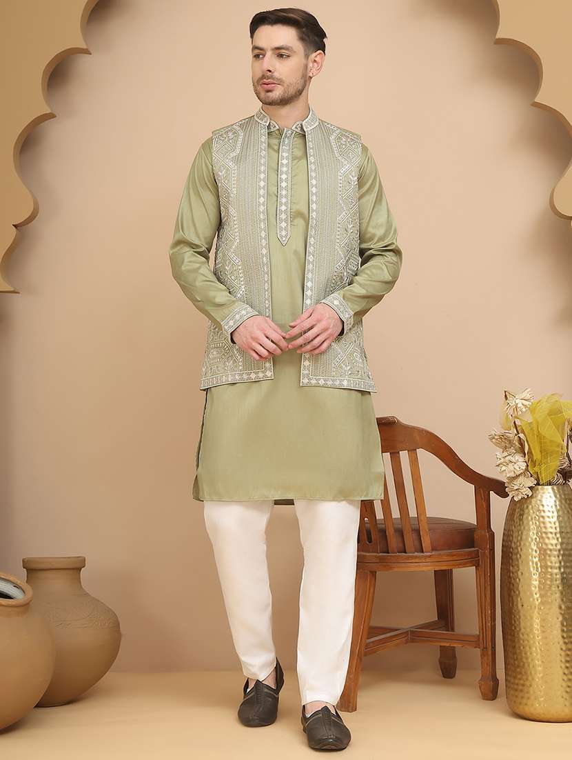 men embroidered mandarin neck kurta pyjama with jacket ethnic wear set