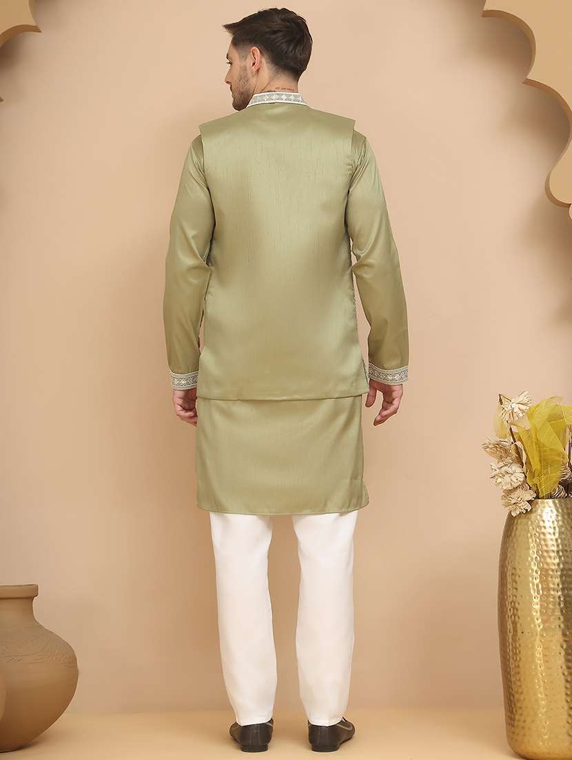 men embroidered mandarin neck kurta pyjama with jacket ethnic wear set - 21988189 -  Standard Image - 2