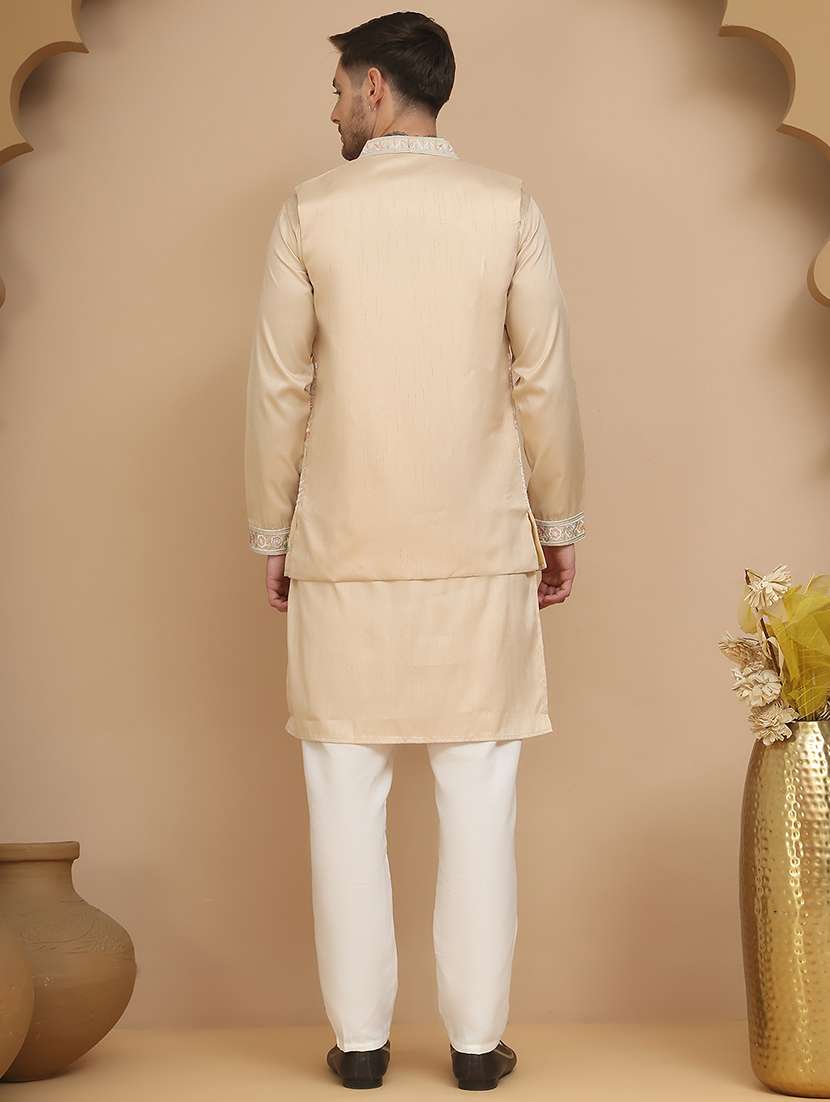 men embroidered mandarin neck kurta pyjama with jacket ethnic wear set - 21988191 -  Standard Image - 2