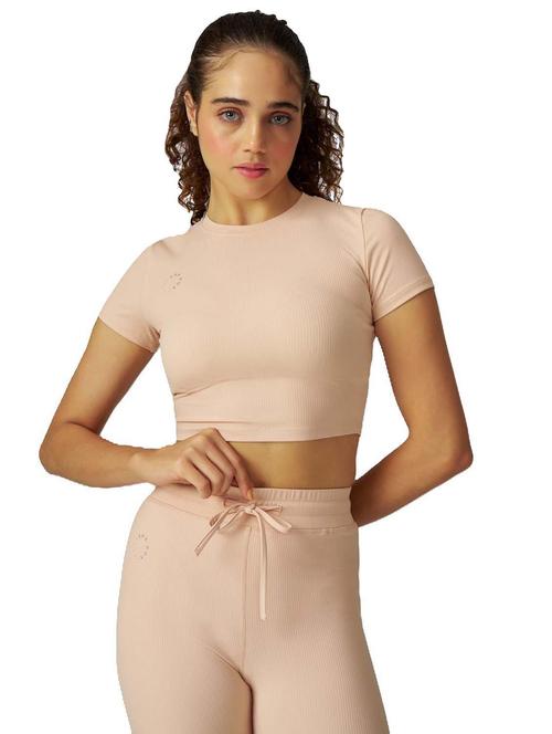 women pink solid short sleeve crop top - 21988237 - Standard Image - 0