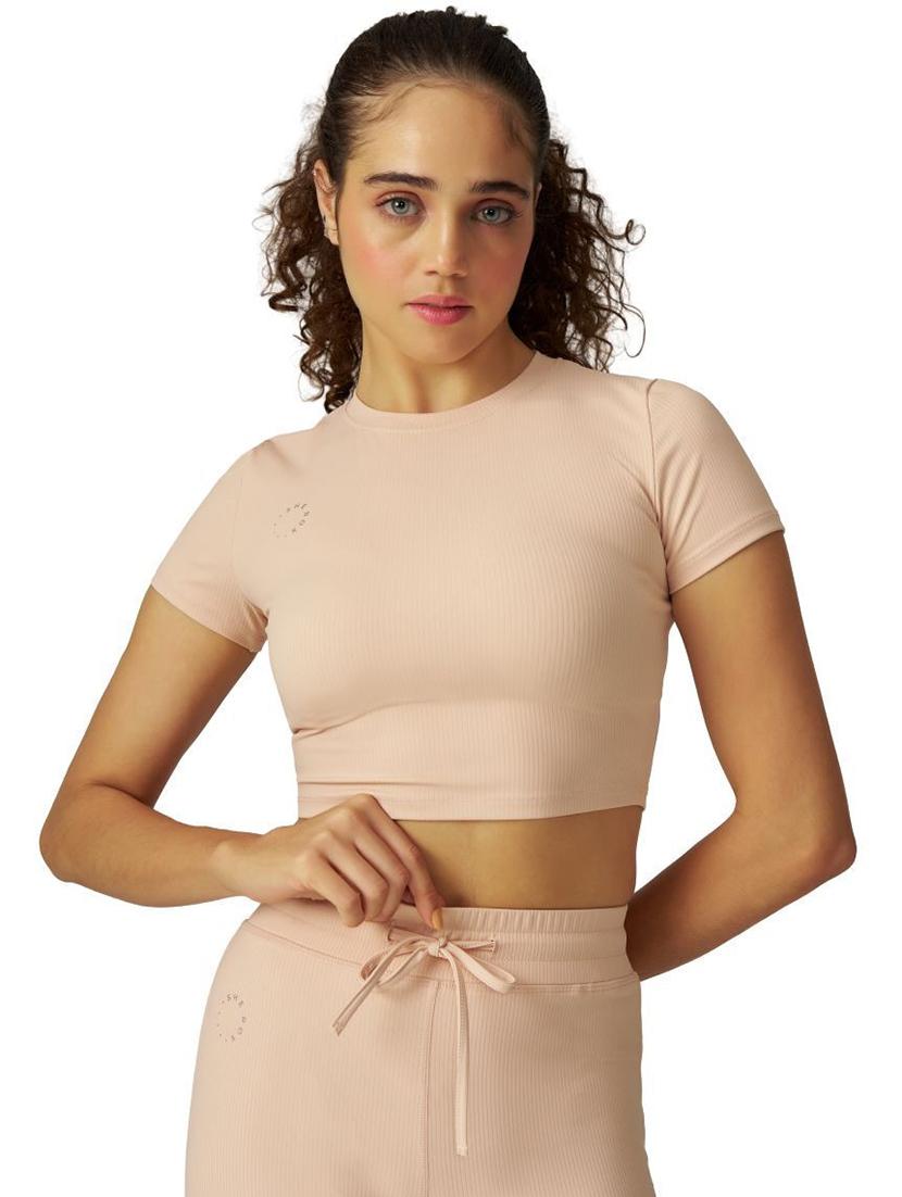 women beige solid short sleeve crop to - 21988243 - Zoom Image - 0