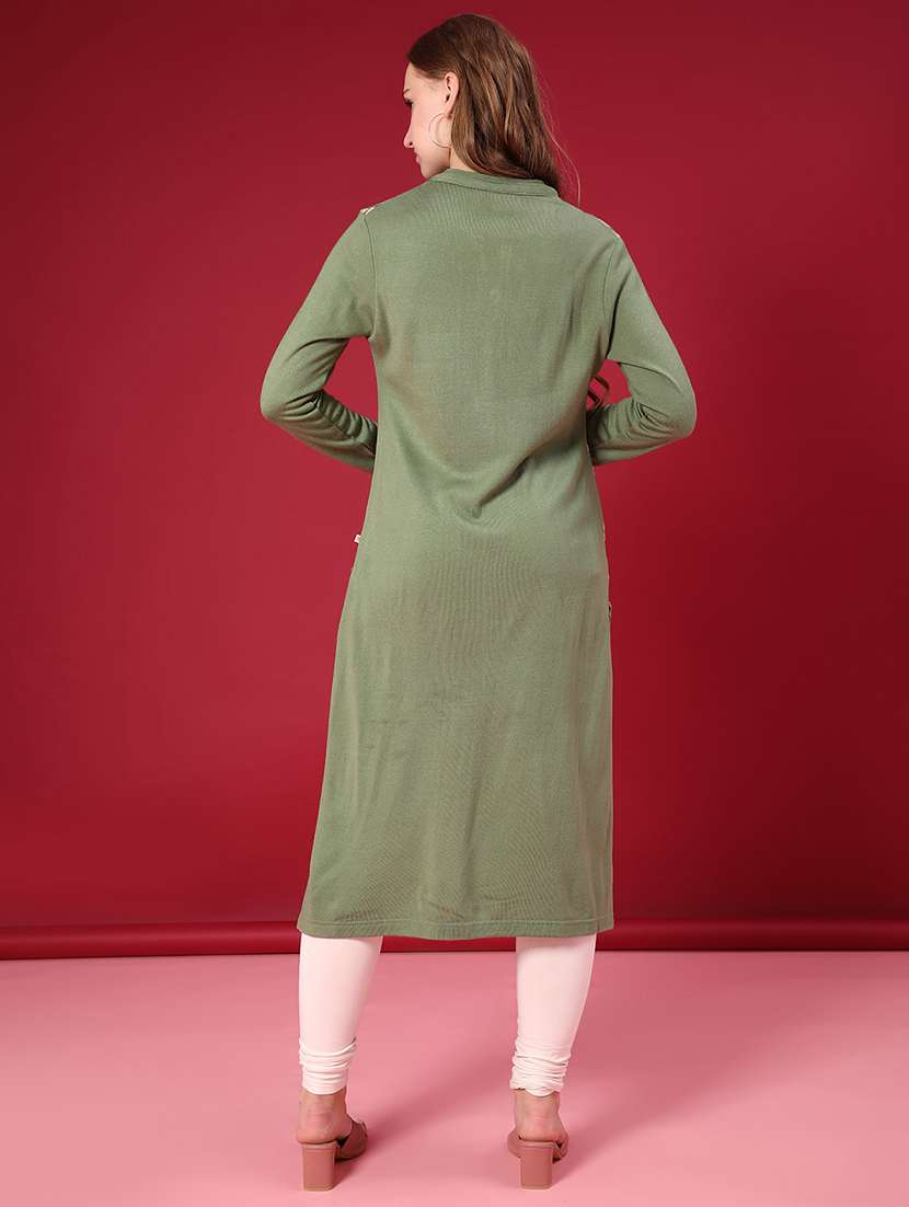 women self design long sleeve straight woolen kurta - 21988303 -  Standard Image - 2