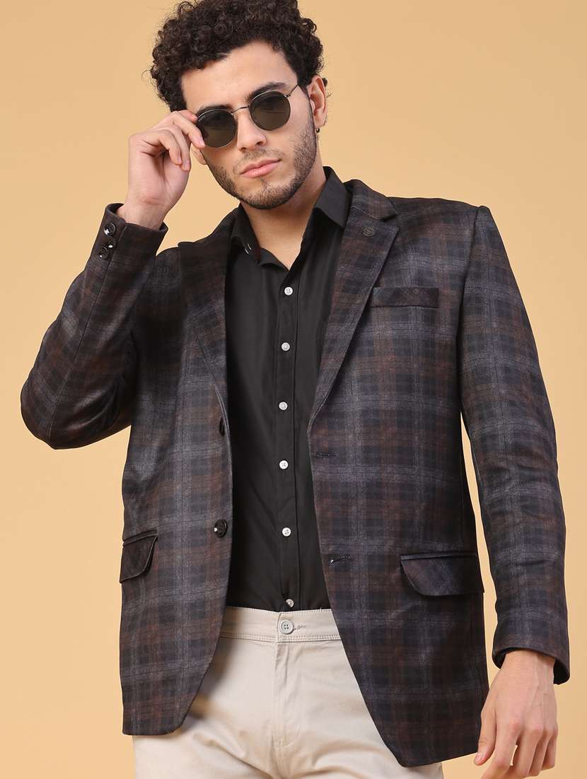 men checkered lapel collar single breasted casual blazer