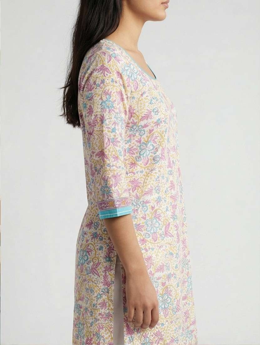 women floral three quarter sleeve straight kurta - 21988483 -  Standard Image - 2