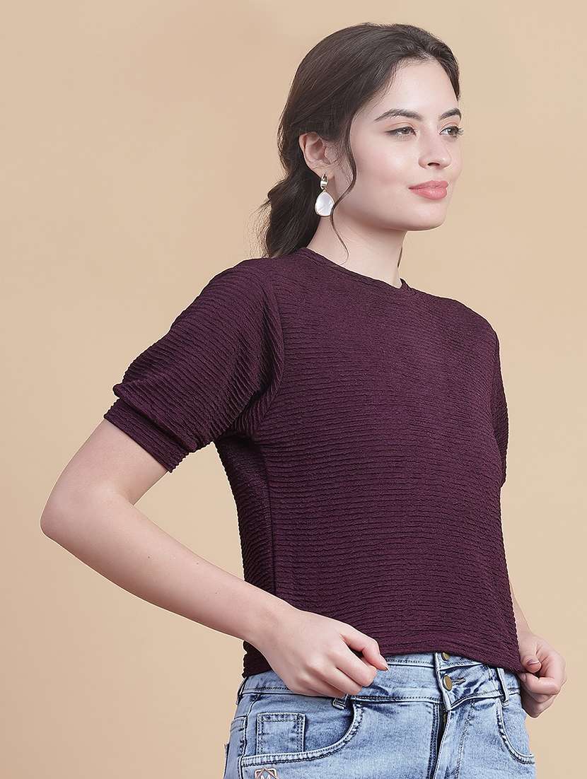 women solid round neck puff crop sleeve - 21988555 -  Standard Image - 2