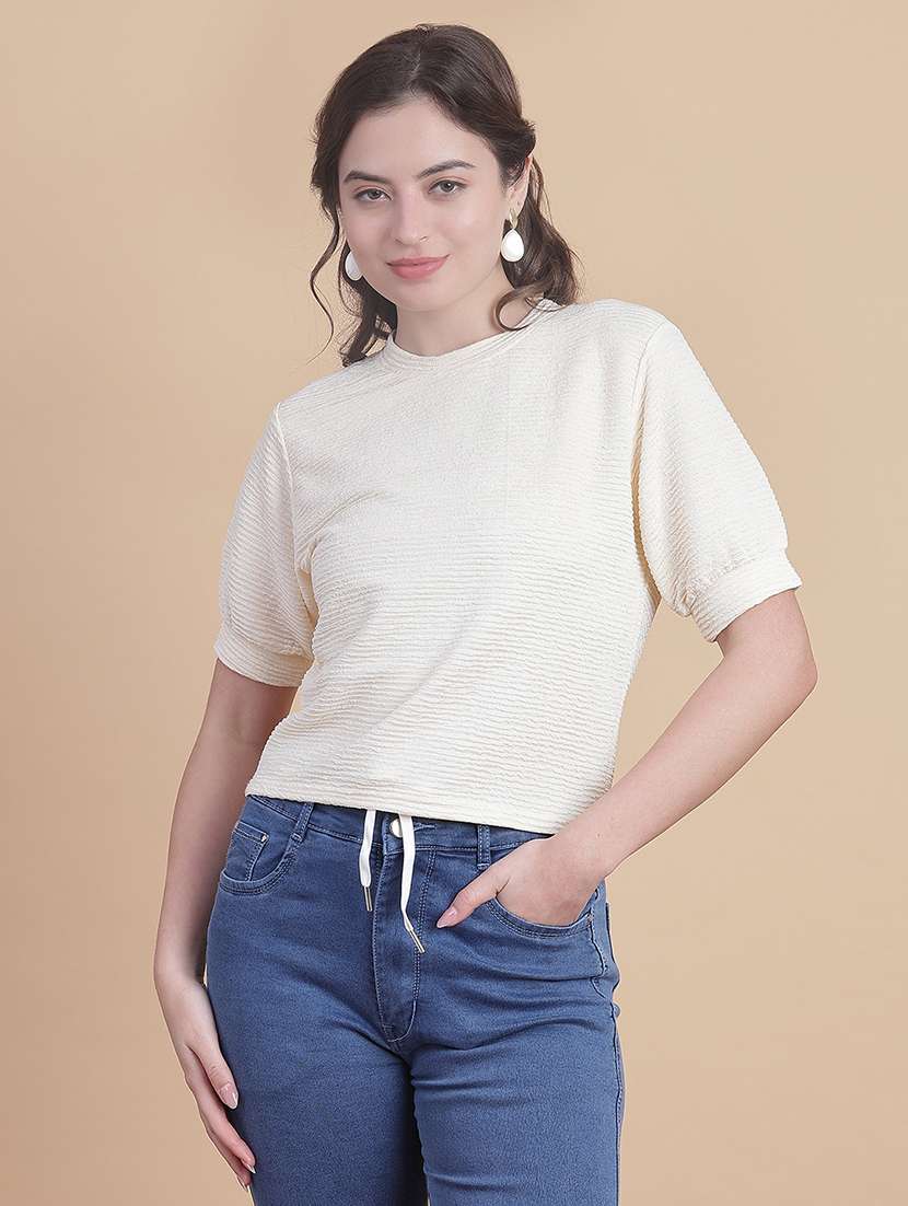 women solid round neck puff crop sleeve