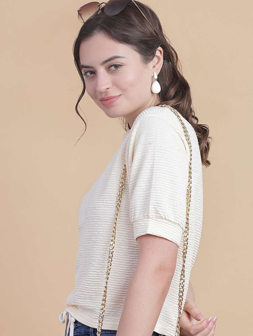 women solid round neck puff crop sleeve - 21988594 -  Standard Image - 2