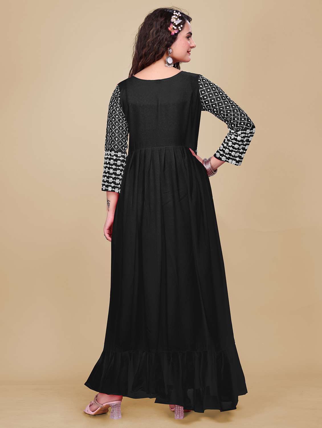 women embroidered three quarter sleeve ethnic dress - 21988813 -  Standard Image - 2