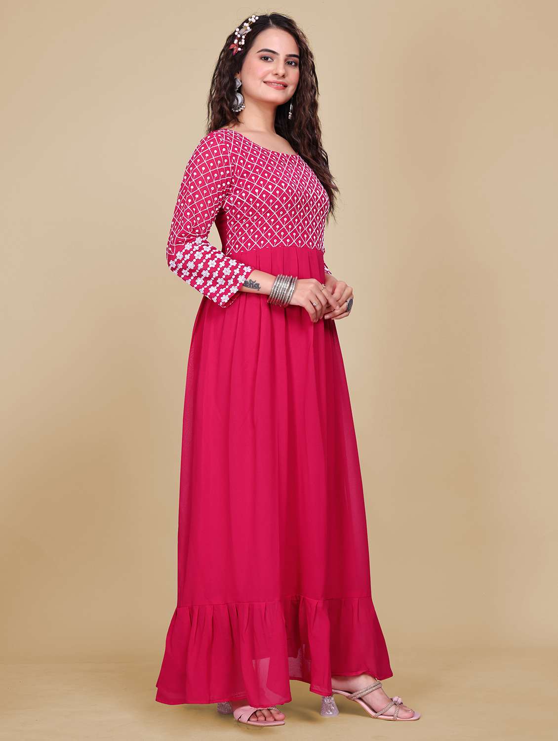 women embroidered three quarter sleeve ethnic dress - 21988814 -  Standard Image - 2