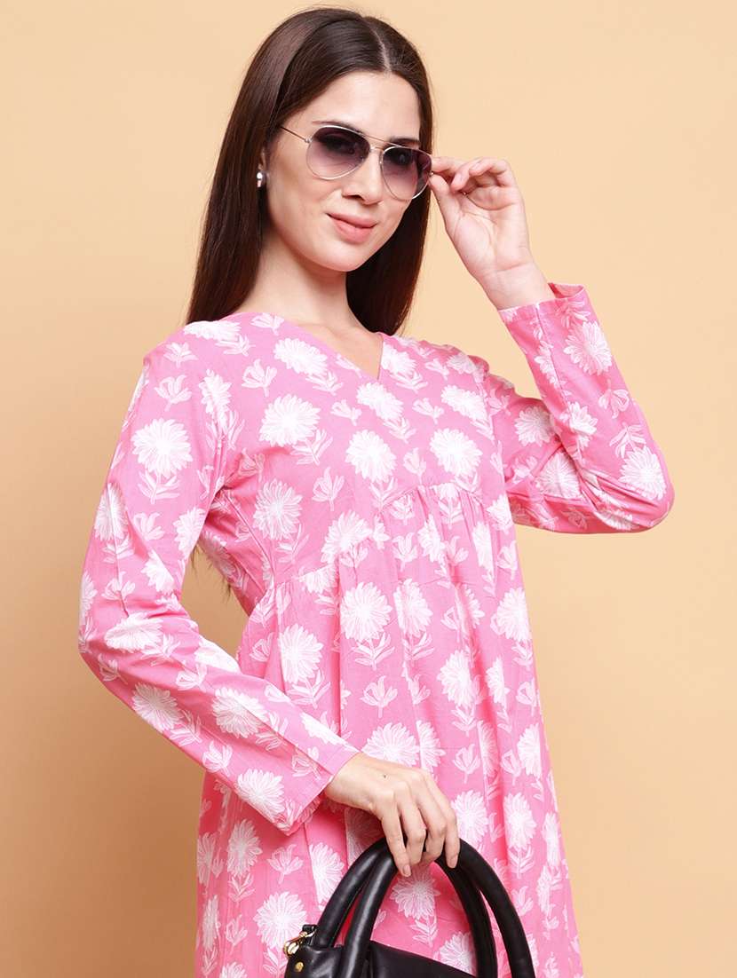 women floral printed long sleeve flared kurti