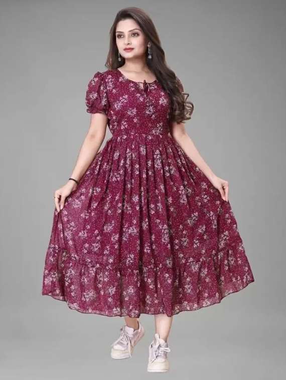 women floral print puff sleeve tiered maxi dress