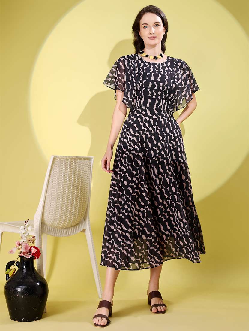 women printed flared sleeve fit & flare dress