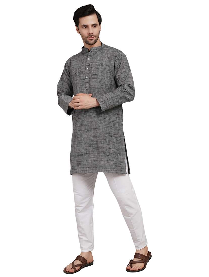 men melange mandarin neck long kurta - 21989341 - Standard Image - 2