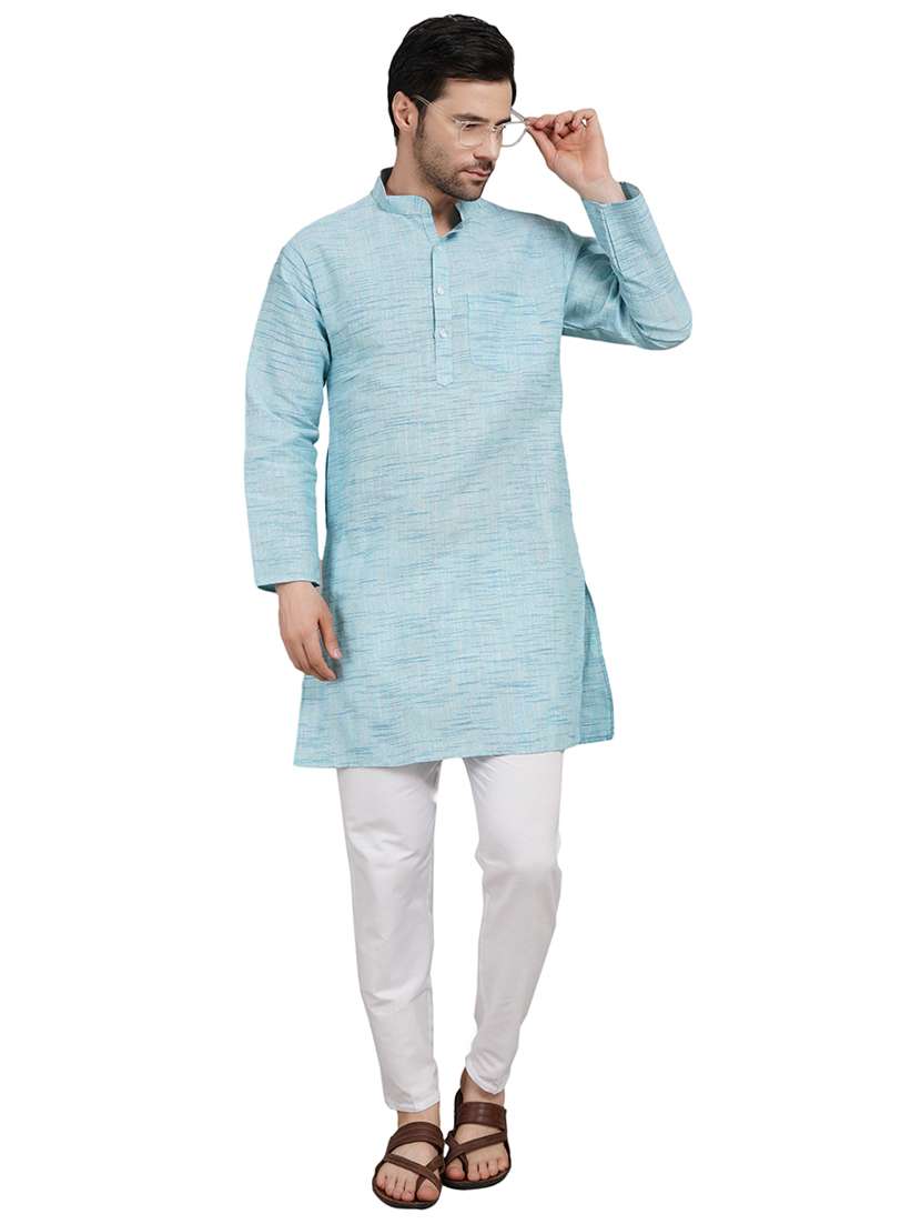 men melange mandarin neck long kurta - 21989348 - Zoom Image - 0
