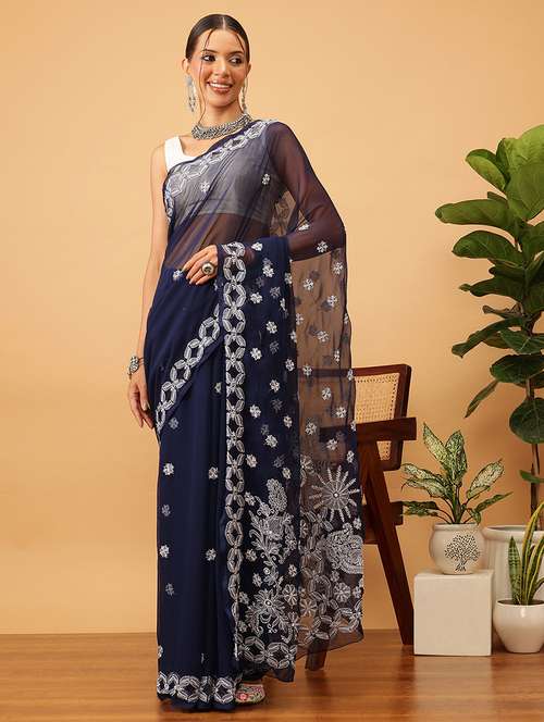 women solid with work chikankari saree with blouse - 21989351 -  Standard Image - 0