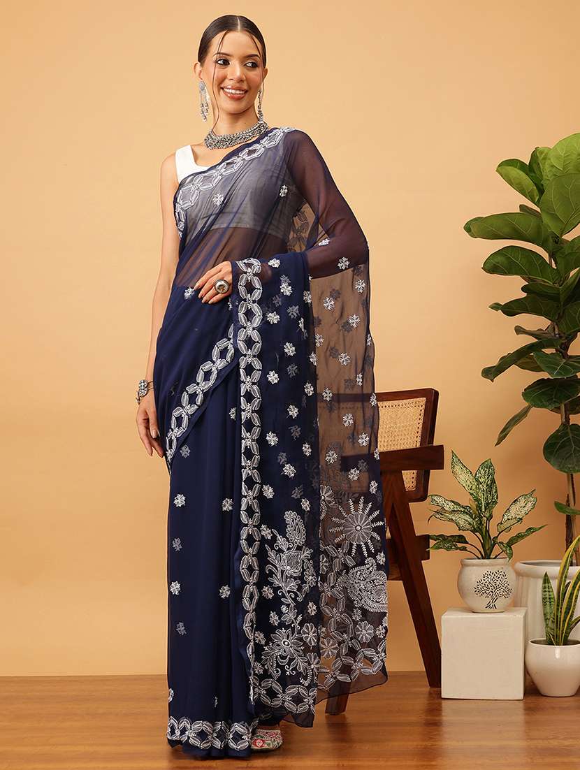 women solid with work chikankari saree with blouse