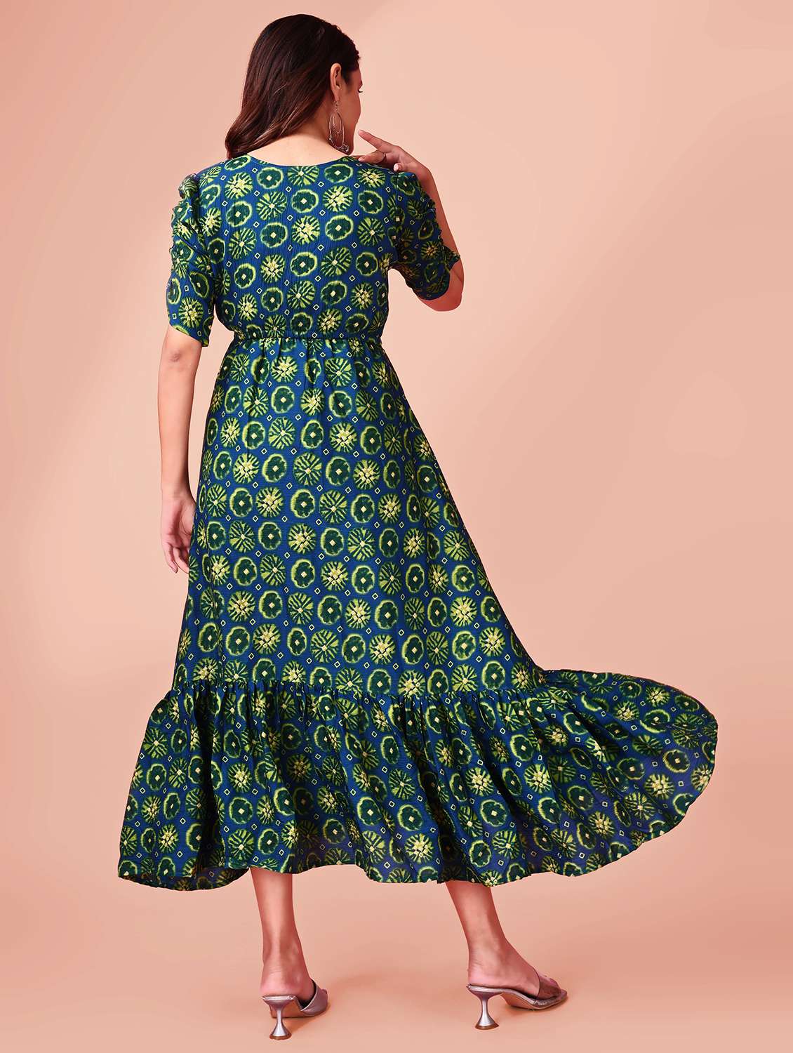 women printed tie-up neck puff sleeve tiered dress - 21989356 -  Standard Image - 2