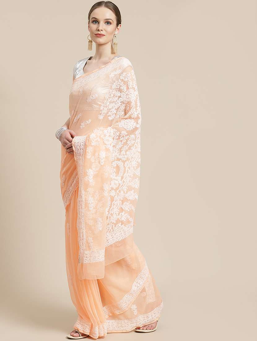 women solid with work chikankari saree with blouse
