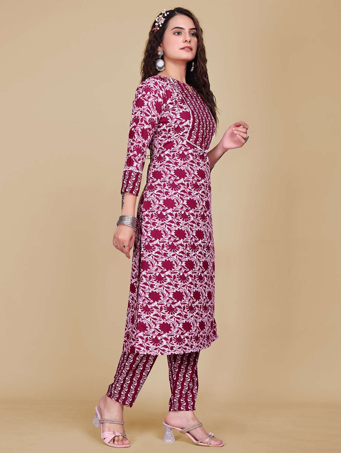 women printed three quarter sleeve kurta pant set - 21989502 -  Standard Image - 2