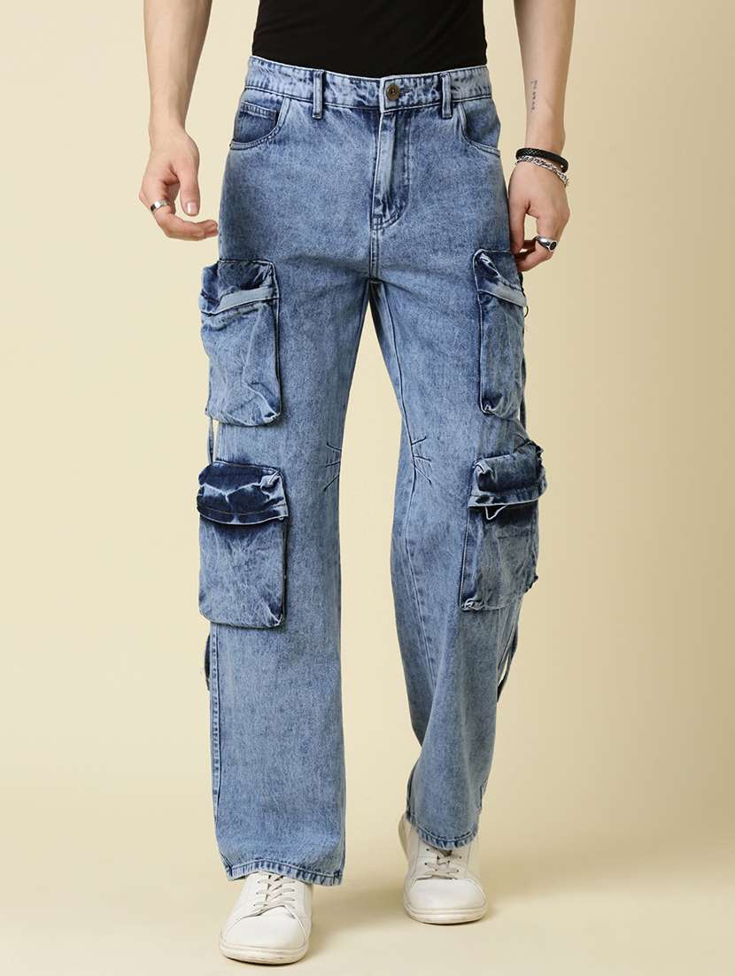 men blue washed mid rise denim cargo