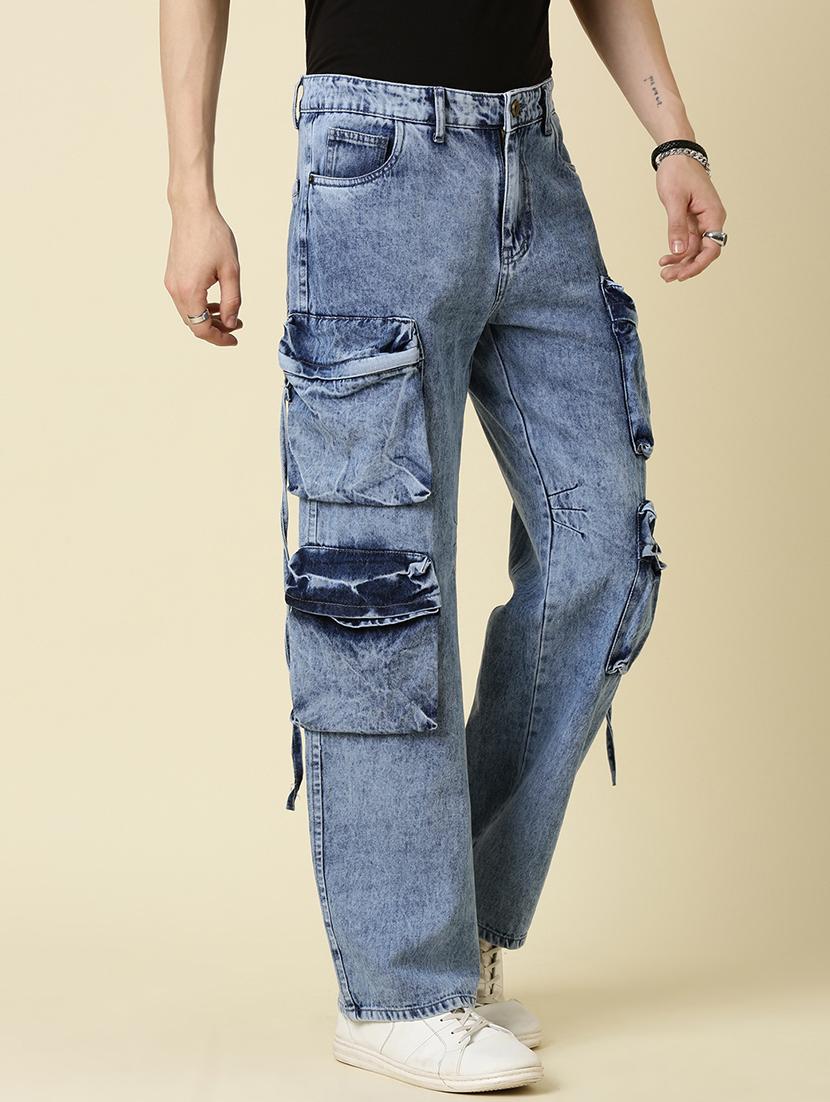 men blue washed mid rise denim cargo - 21989511 - Standard Image - 2