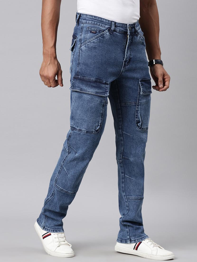 men blue washed mid rise denim cargo - 21989519 - Standard Image - 2