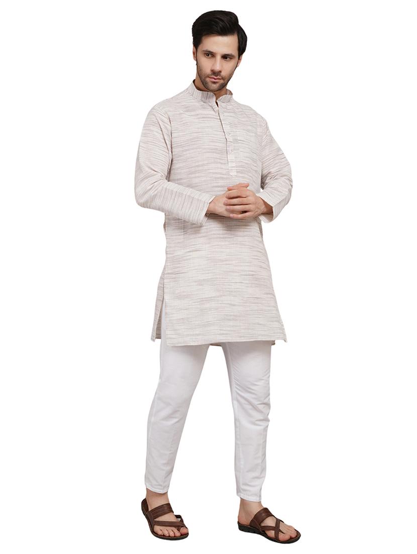 men melange mandarin neck long kurta - 21989527 - Standard Image - 2