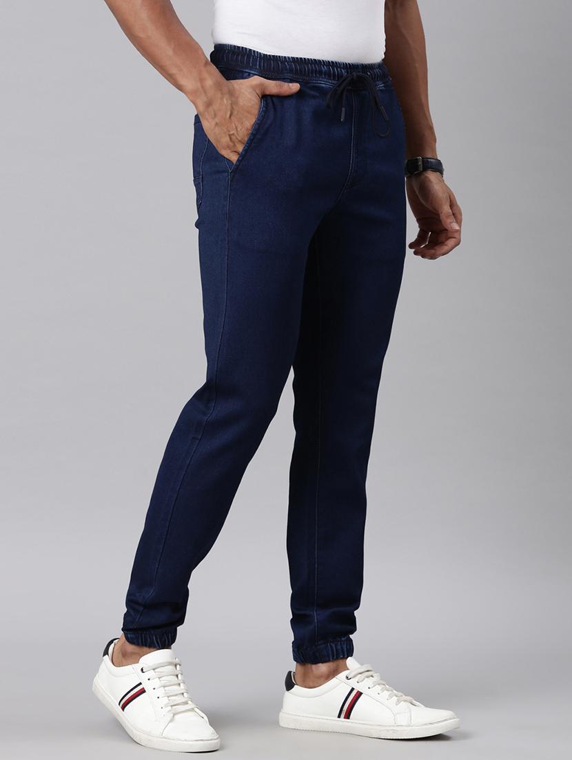 men blue solid mid rise denim jogger - 21989859 - Standard Image - 2
