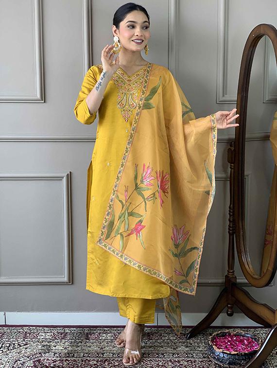 women solid with work three quarter sleeve kurta pant with dupatta set - 21989876 - Standard Image - 2