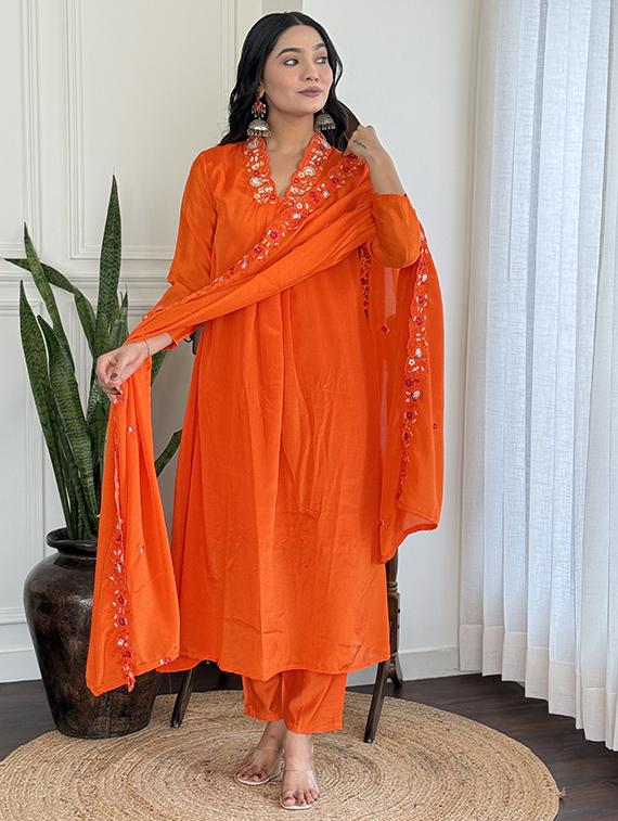 women solid with work long sleeve kurta pant with dupatta set - 21989880 - Standard Image - 2