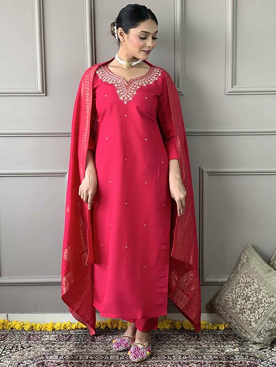 women solid with work three quarter sleeve kurta pant with dupatta set - 21989883 - Standard Image - 2