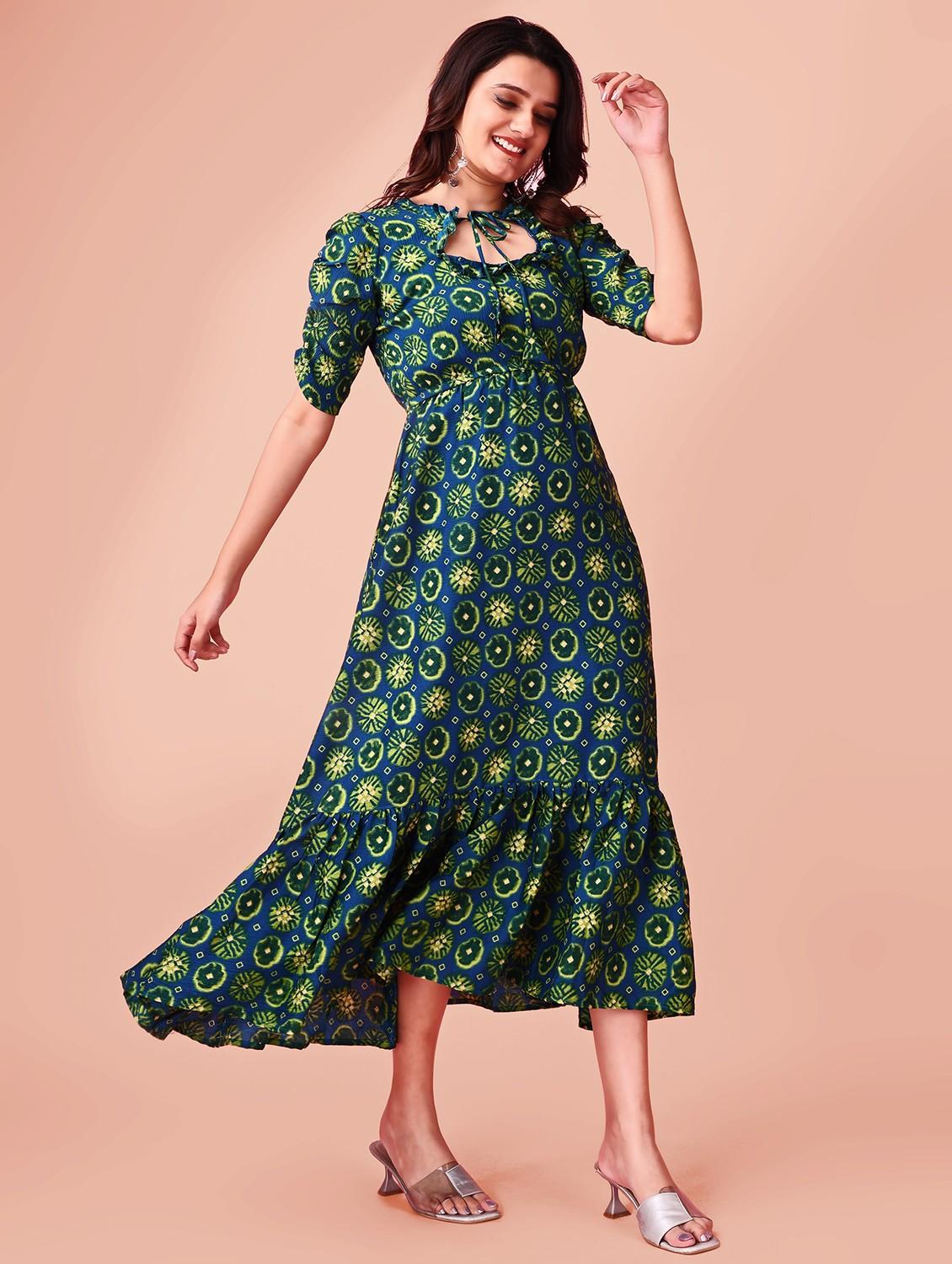women printed puff sleeve tiered midi dress - 21990755 - Standard Image - 2