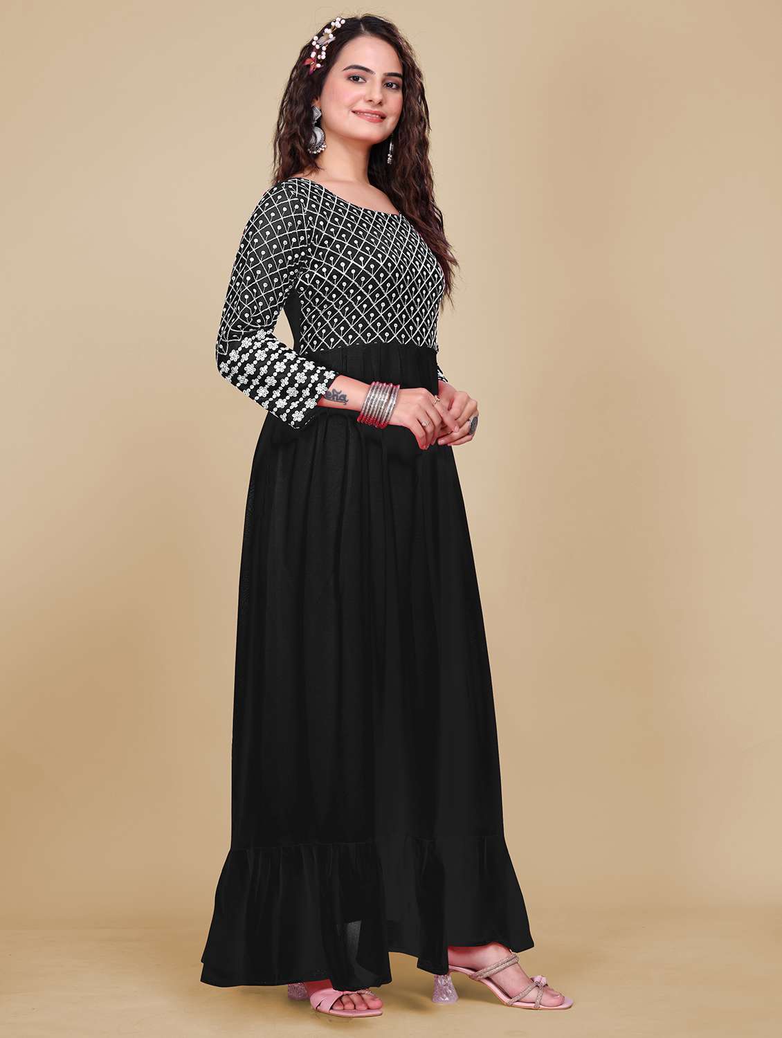 women solid with work fit & flare stitched gown - 21990759 -  Standard Image - 2
