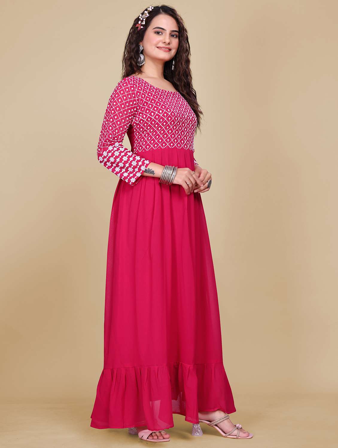 women solid with work fit & flare stitched gown - 21990760 -  Standard Image - 2