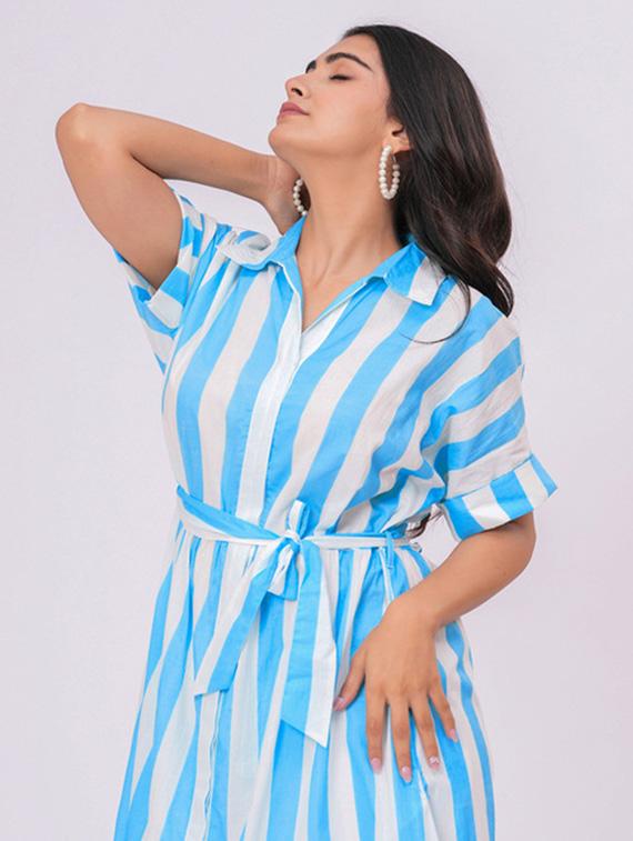 women striped collared belted shirt dress - 21990789 - Standard Image - 2