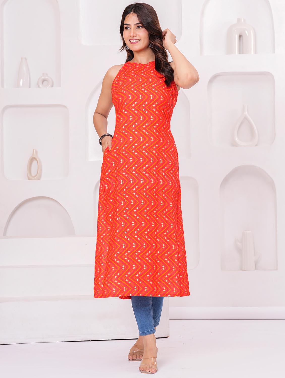 women chevron printed halter neck straight kurta - 21991090 - Standard Image - 2