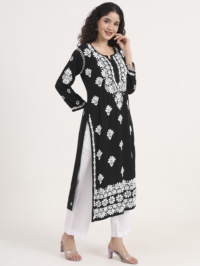 women solid with work long sleeve chikankari kurta - 21991099 - Standard Image - 2