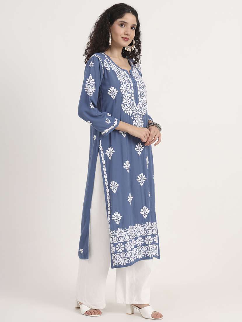 women solid with work long sleeve chikankari kurta - 21991100 - Standard Image - 2